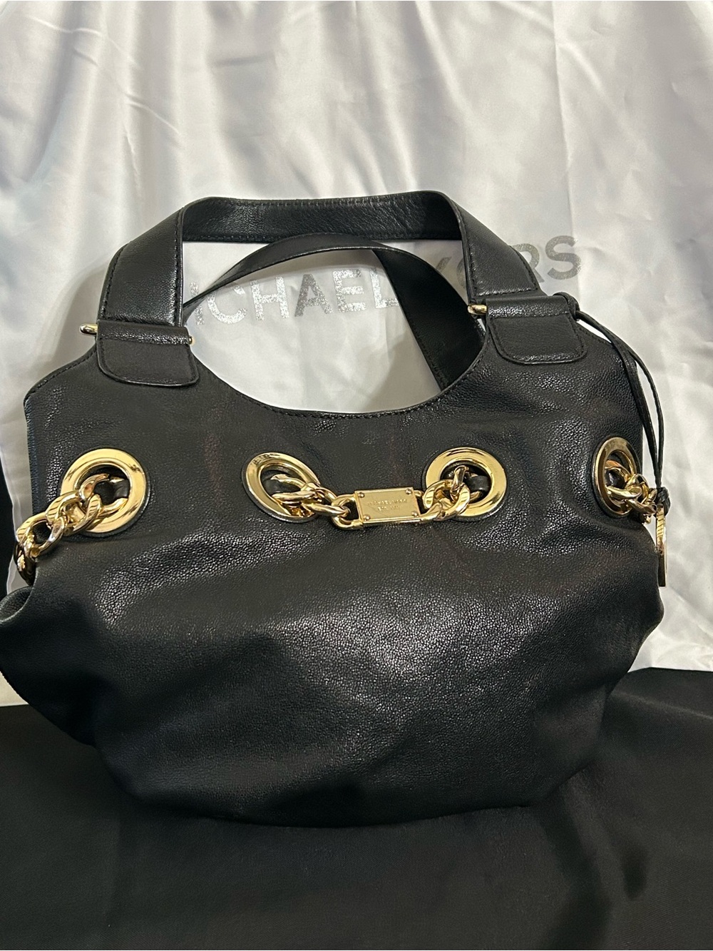 Michael Kors Black Leather Shoulder Bag with Gold Hardware